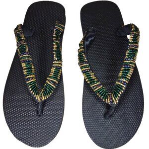 Beaded Flip Flops for Women Summer Style Sandals - (Green, Gold)